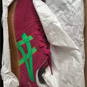 Asics Pink Suede Sneakers with Green Stripes and Gum Sole